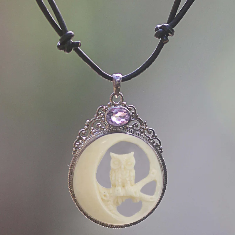  -Explosion-proof leash FOR LARGE dogsNighttime Owl Amethyst Silver Bone Leather Pendant Necklace
