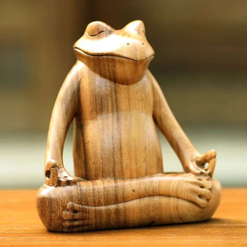 - Rabbit grass rack to prevent waste food boxFrog Meditates Suar Wood Sculpture