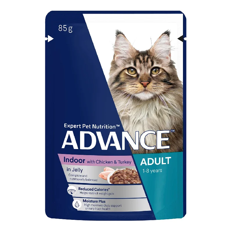    - Outdoor cat food  Advance Indoor Chicken & Turkey in Jelly Adult Wet Cat Food Pouch