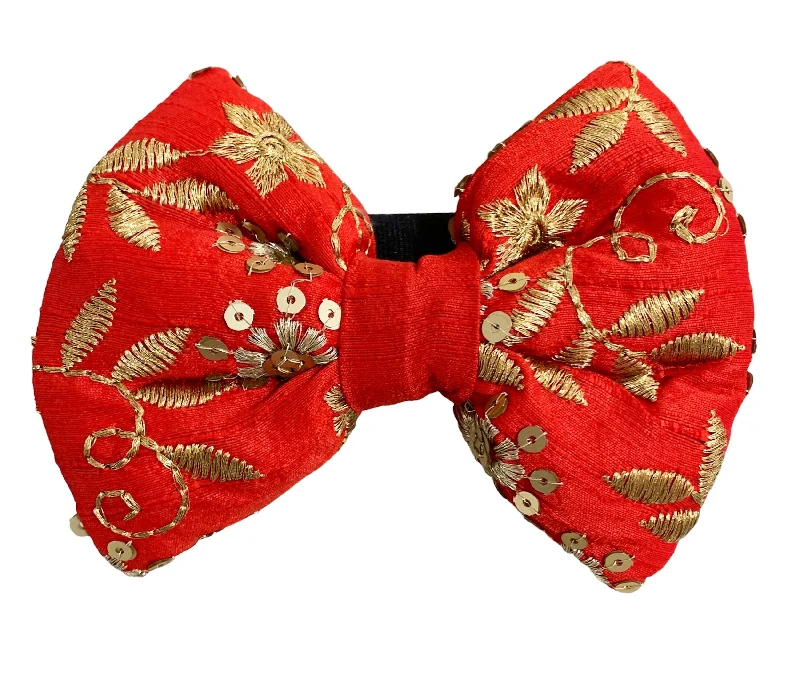 - Teething and chewing toys for puppiesTraditional Red Dog Bow Tie with Gold Embroidery for Diwali and Weddings - Teething and chewing toys for puppiesTraditional Red Dog Bow Tie with Gold Embroidery for Diwali and Weddings