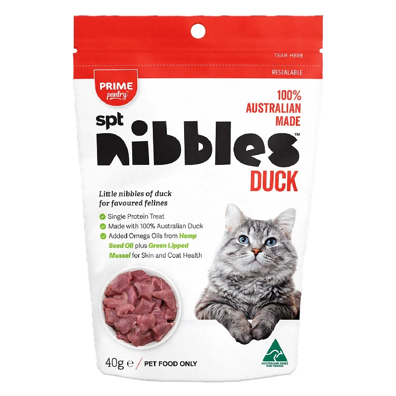    - Hairball control cat food  Prime Pantry SPT Duck Nibbles Cat Treat 40g