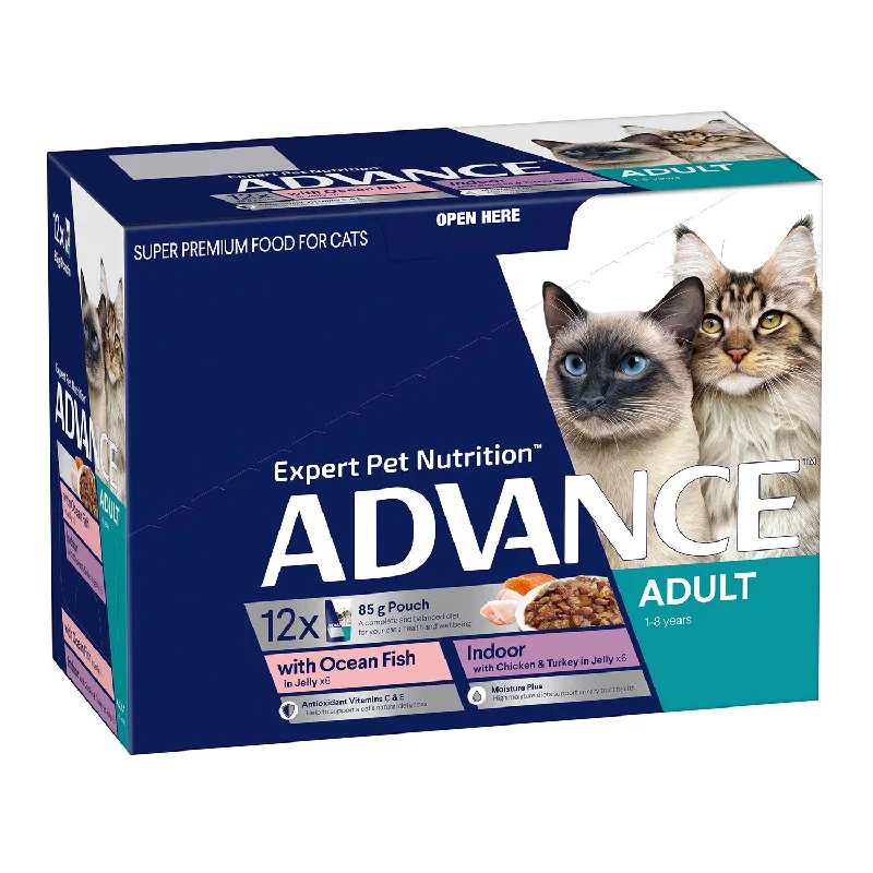    - Cat food for immune system support  Advance Multi Pack Ocean Fish / Indoor Chicken & Turkey in Jelly Adult Wet Cat Food Pouch 12x85g