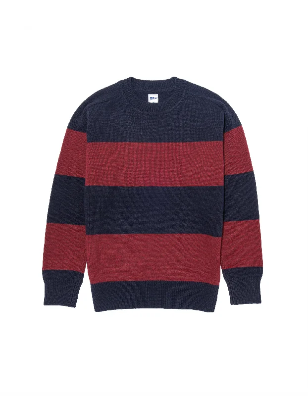 ---RUGBY STRIPE CREW NECK SWEATER - BURGUNDY/NAVY