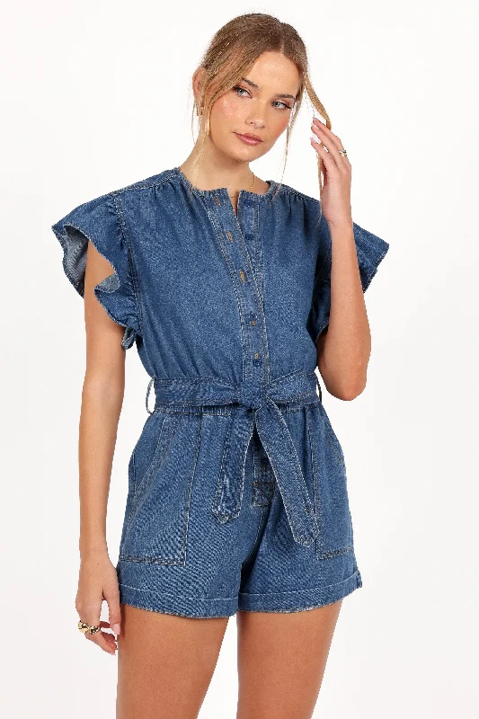 - Cat anti-jump window safety netMia Romper - Medium Denim