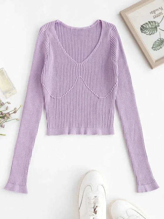 Ribbed V Neck Slim Knitwear