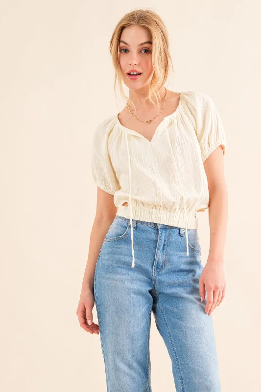 Hot Girl The Why Back Tie Cropped In Cream Short Sleeve Blouse