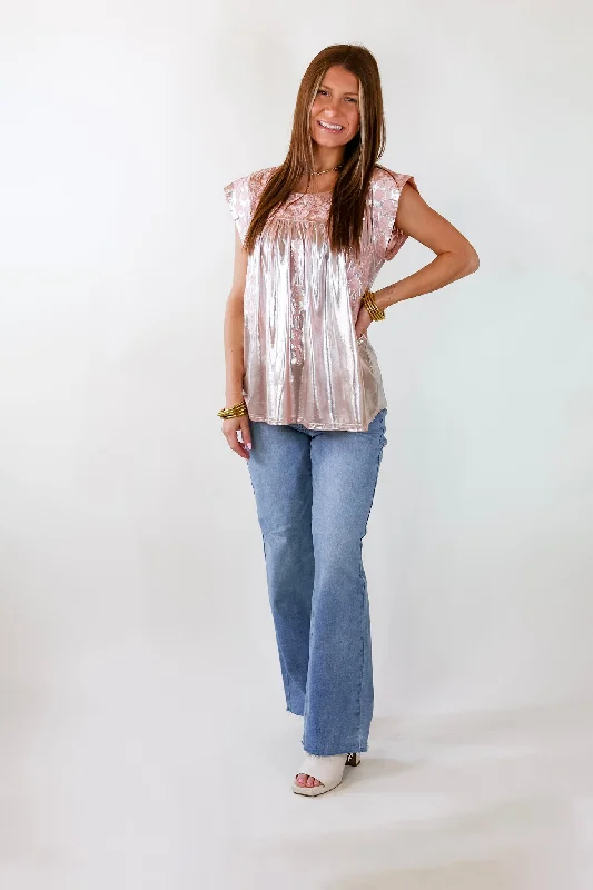 The Thrill Of It Floral Embroidered Metallic Top in Blush Pink