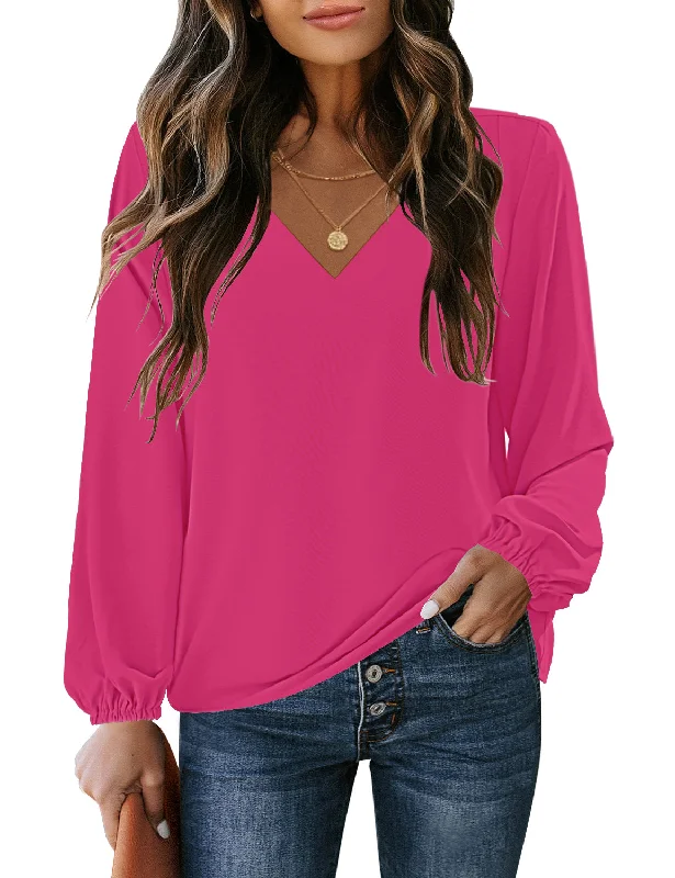 Hot Pink V-Neckline Bishop Sleeves Loose Fit Women's Top