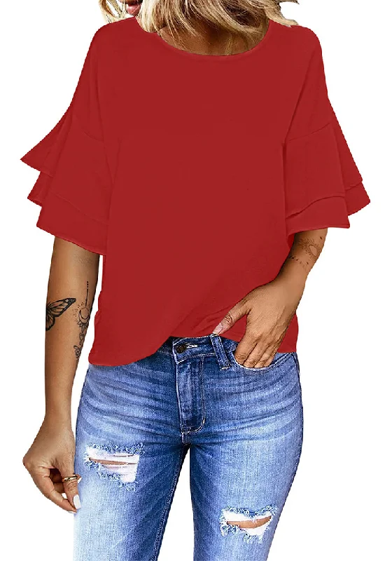 Red Trumpet Sleeves Keyhole-Back Blouse