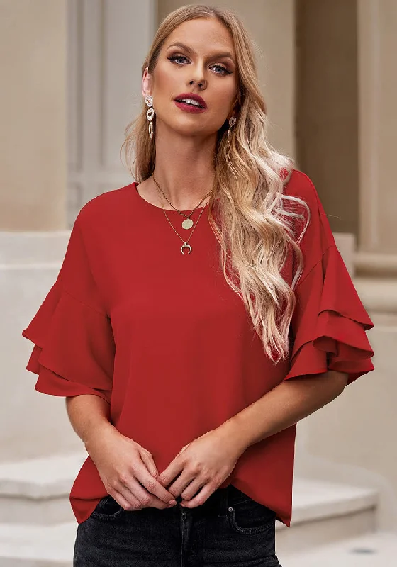 Red Trumpet Sleeves Keyhole-Back Blouse