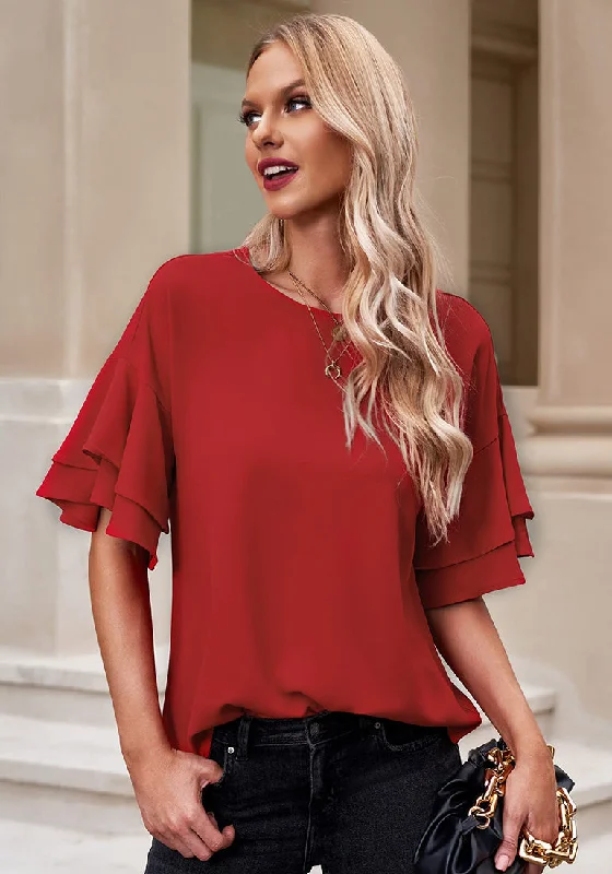 Red Trumpet Sleeves Keyhole-Back Blouse