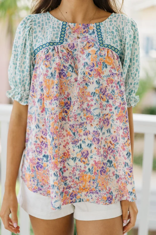 All About You Aqua & Pink Floral Blouse