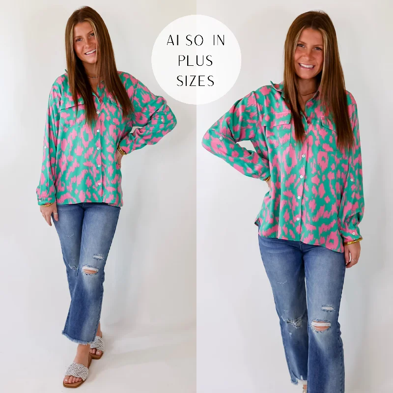 Fun and Adventurous Button Up Top With Pink Abstract Leopard Print In Green