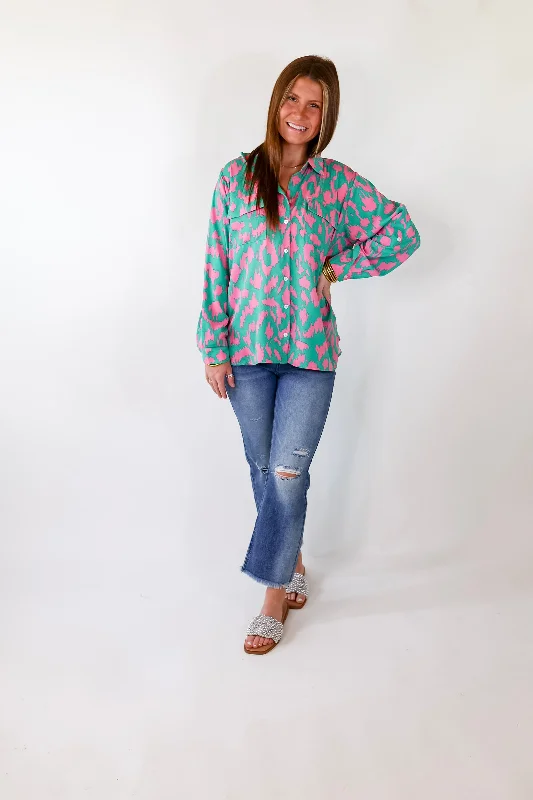 Fun and Adventurous Button Up Top With Pink Abstract Leopard Print In Green