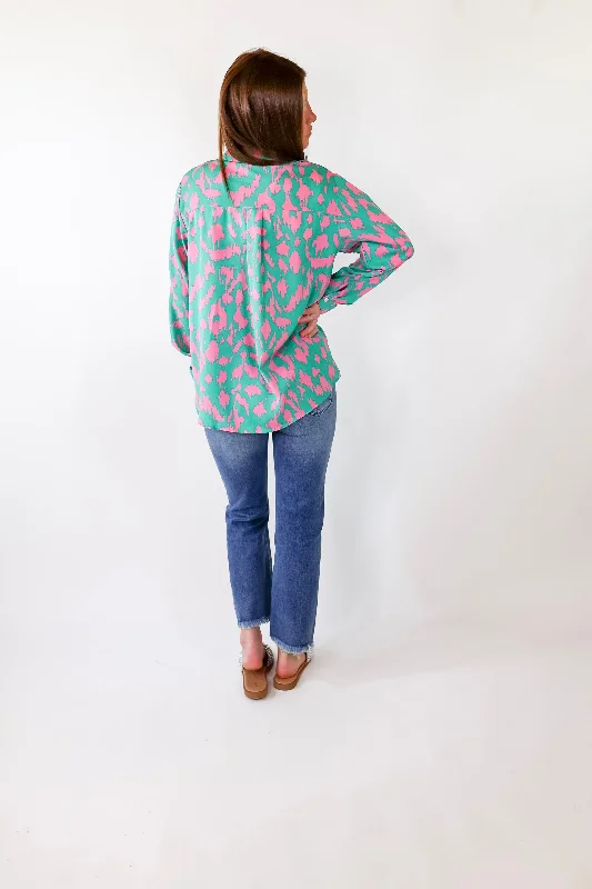 Fun and Adventurous Button Up Top With Pink Abstract Leopard Print In Green