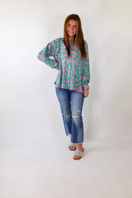 Fun and Adventurous Button Up Top With Pink Abstract Leopard Print In Green