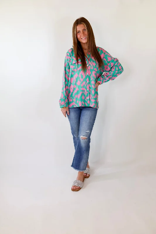 Fun and Adventurous Button Up Top With Pink Abstract Leopard Print In Green