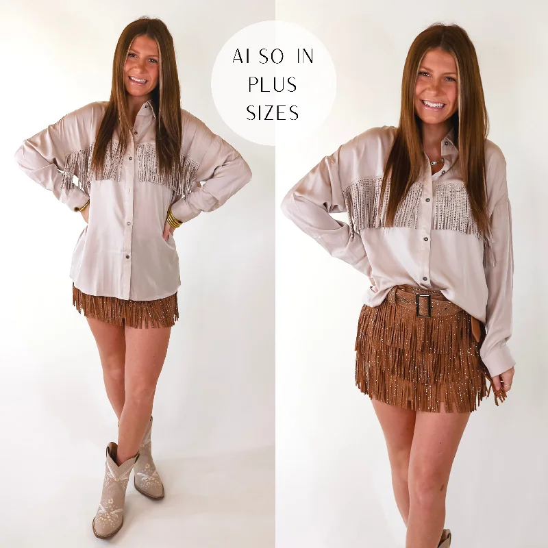 All That Shimmers Crystal Fringe Button Up Top with Long Sleeves in Champagne