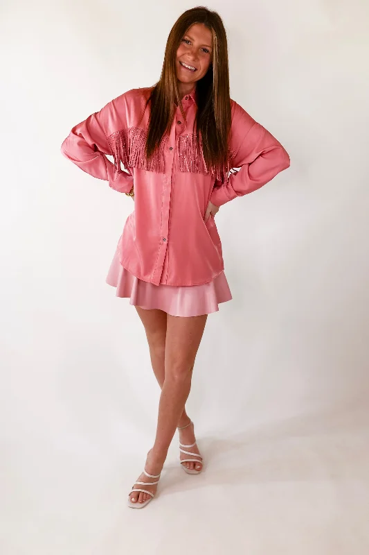 All That Shimmers Crystal Fringe Button Up Top with Long Sleeves in Coral Pink