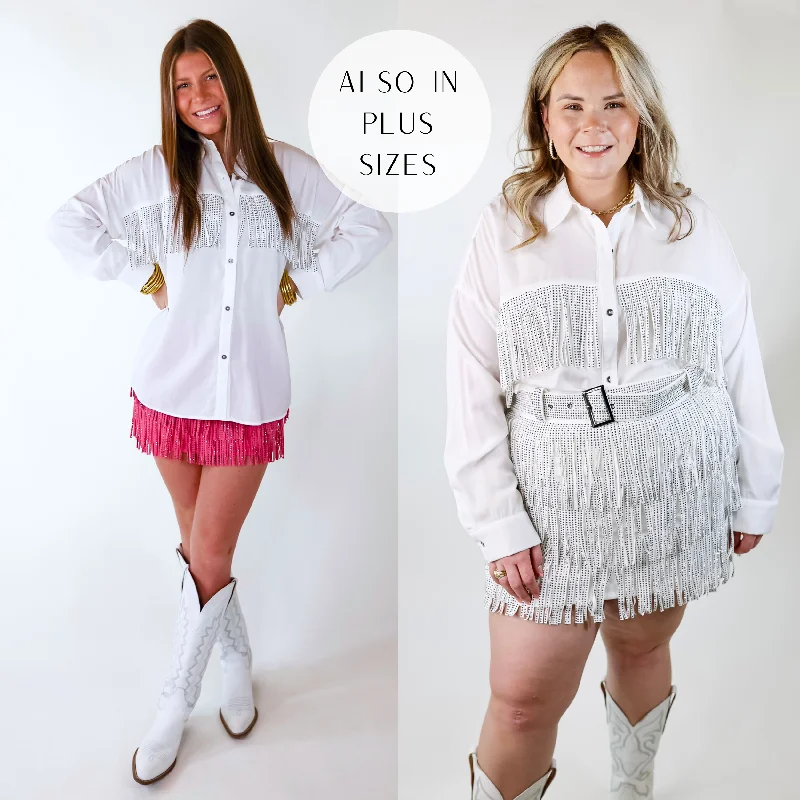 All That Shimmers Crystal Fringe Button Up Top with Long Sleeves in White