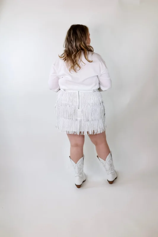 All That Shimmers Crystal Fringe Button Up Top with Long Sleeves in White