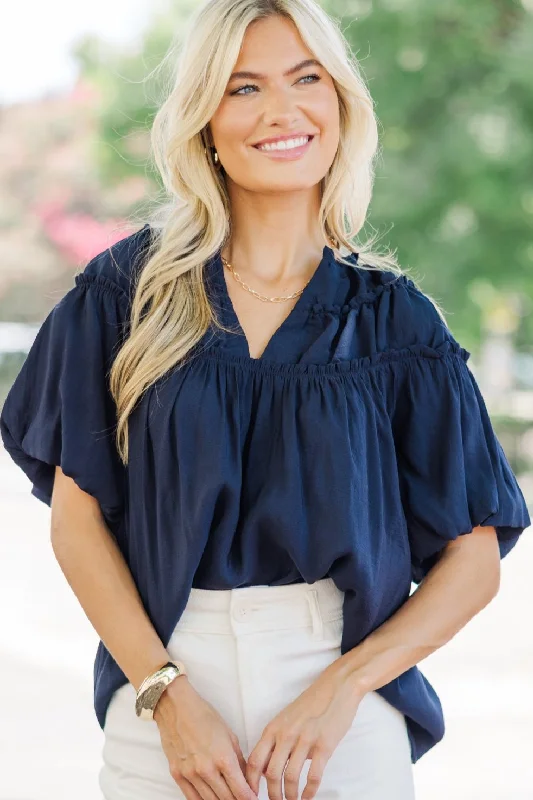 Faith In Love Light Navy Blue Ruffled Blouse