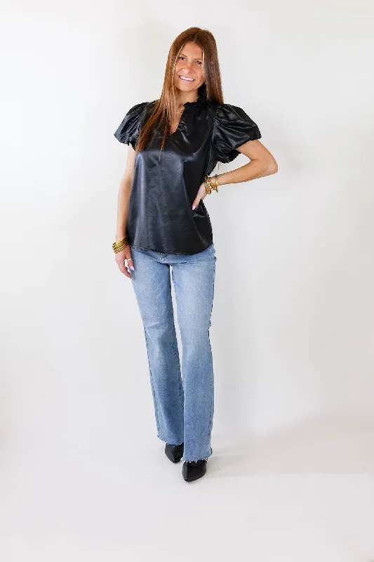 Replay The Night Faux Leather Top with Short Balloon Sleeves in Black