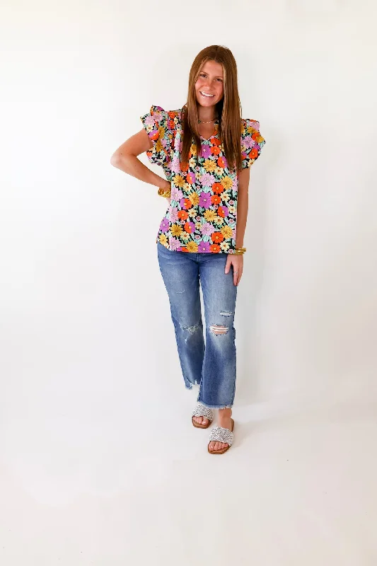 Pretty Days Floral Notched Neckline Top in Black