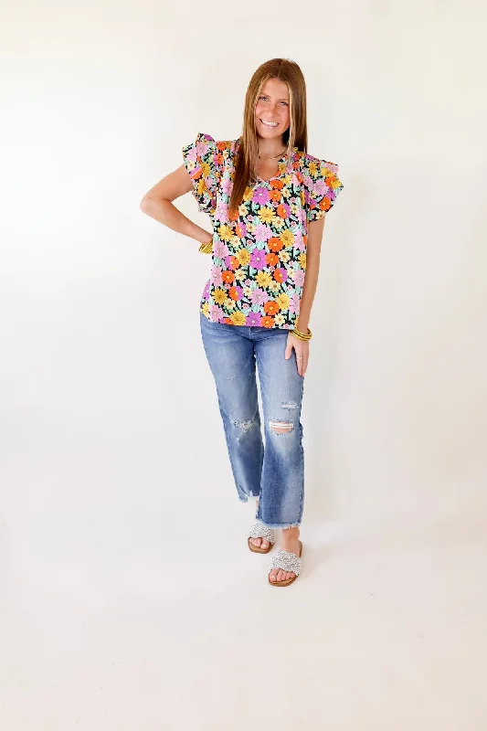 Pretty Days Floral Notched Neckline Top in Black