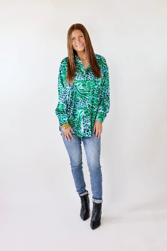 Tell Me Something Good Mixed Animal Print Long Sleeve Button Up Top in Green