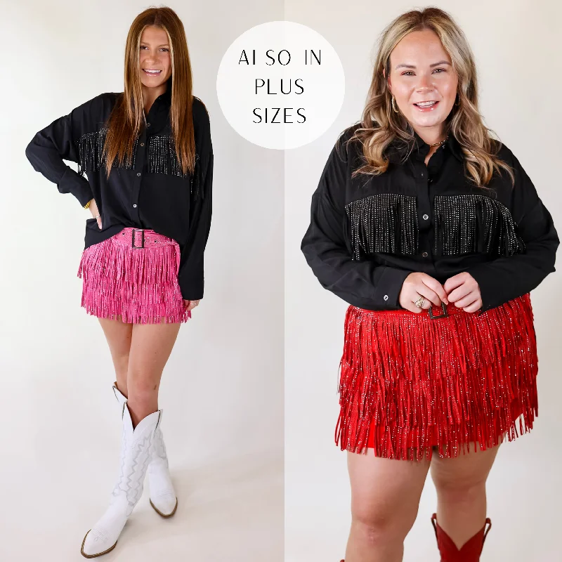 All That Shimmers Crystal Fringe Button Up Top with Long Sleeves in Black