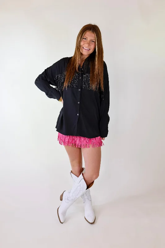 All That Shimmers Crystal Fringe Button Up Top with Long Sleeves in Black