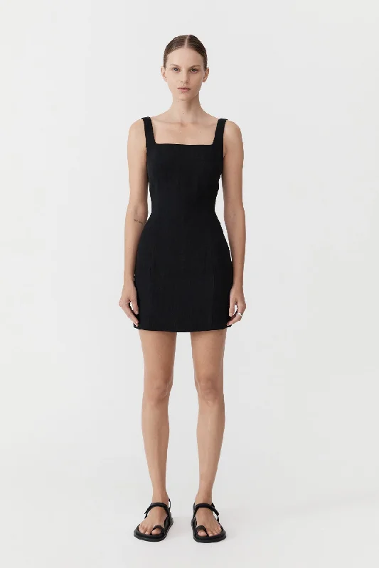 Linen Square Neck Mini Dress - Black